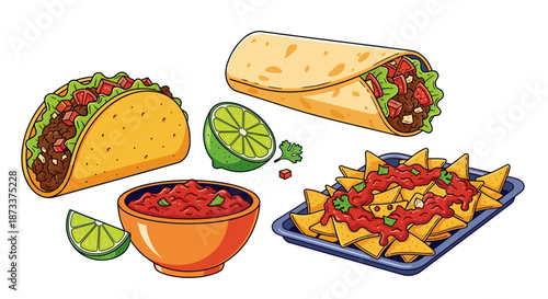 Mexican Food Fiesta Featuring Tacos, Burritos, Nachos and Salsa, Perfect for a Festive Dinner or Party, Showcasing Culinary Art with Vibrant Colors, Great for Menu Designs and Food.