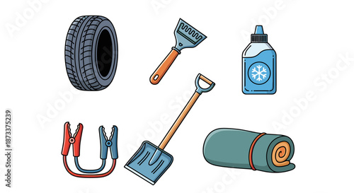 Winter Car Safety Kit Essentials: A collection of auto accessories for snowy road trips, including a spare tire, snow scraper, jumper cables, windshield washer fluid, shovel and em.