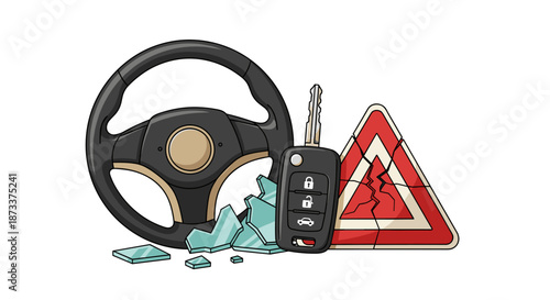 Cartoon Car Crash Illustration with Steering Wheel, Broken Glass, and Warning Triangle represents Road Safety and Auto Insurance Concepts, ideal for Accident Prevention and Driving.