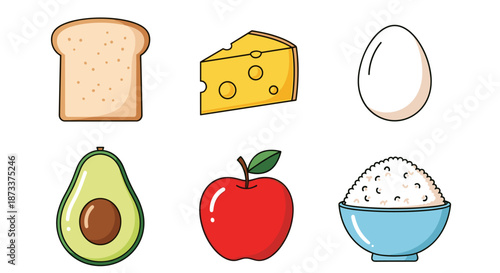 Healthy Foods Collection: Nutritious bread, cheese, egg, avocado, apple, and rice offer diverse meal options for balanced diet, wellness, and culinary exploration in food illustrat.
