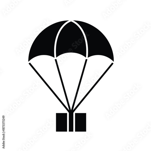 Black silhouette of a parachute delivering a package, isolated on a white background.