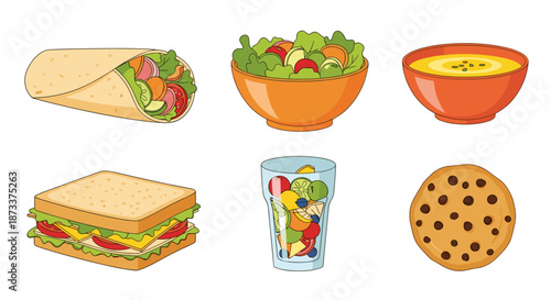 Healthy meal illustrations of a wrap, salad, soup, sandwich, fruit drink, and cookie create a colorful balanced diet plan for education, healthcare, and lifestyle applications, per.