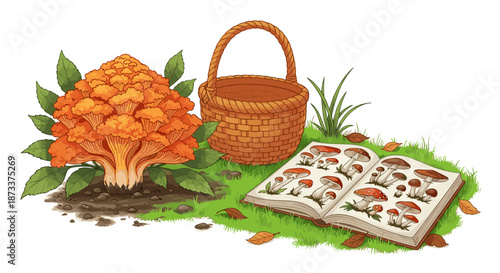 Orange Cauliflower Fungus Grows Next to a Wicker Basket and an Open Book with Mushroom Illustrations, Perfect for Gardening, Botany and Healthy Eating Educational Resources.