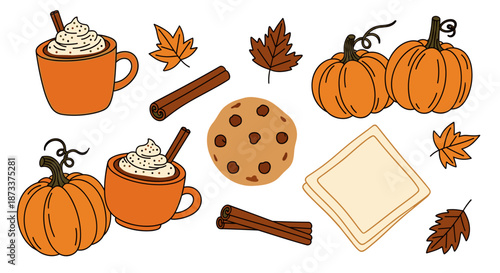 Delightful autumn harvest arrangement with cozy pumpkin spice latte, chocolate chip cookie, and vibrant fall leaves creates a comforting seasonal scene perfect for Thanksgiving cel.