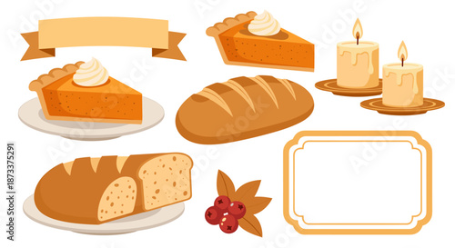 Delicious Thanksgiving Feast Illustration Featuring Pumpkin Pie Slices, Fresh Bread Loaves, Burning Candles, and Autumnal Berries for Holiday Season Celebrations, Events, Marketing.