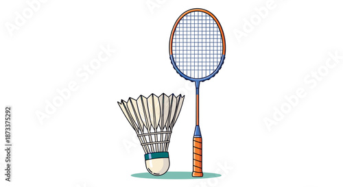 Badminton racket and shuttlecock isolated on white represent a fun, active sport or hobby for recreational use, with a bright, clean design ideal for graphics and marketing materia.