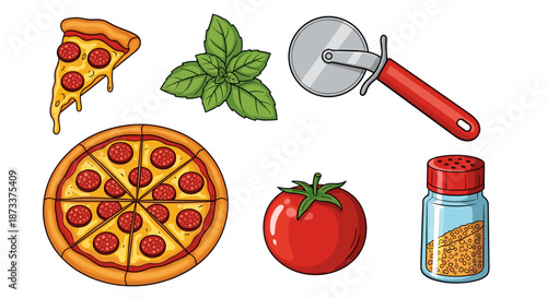 Delicious Pepperoni Pizza Preparation with Fresh Basil, Tomato, and Seasoning Illustration shows ingredients and pizza cutter ready to create the perfect Italian dish for a party o.