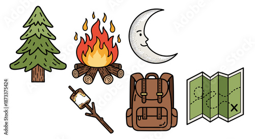 Camping Adventure Icons Illustration Set for Outdoor Exploration and Nature Enthusiasts, Featuring Campfire, Backpack, Map, Tree, and Marshmallow on a Stick, Evoking a Sense of Adv.