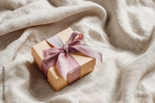 Gift box with silk ribbon on neutral linen fabric, elegant Valentine’s Day flat lay, clean composition