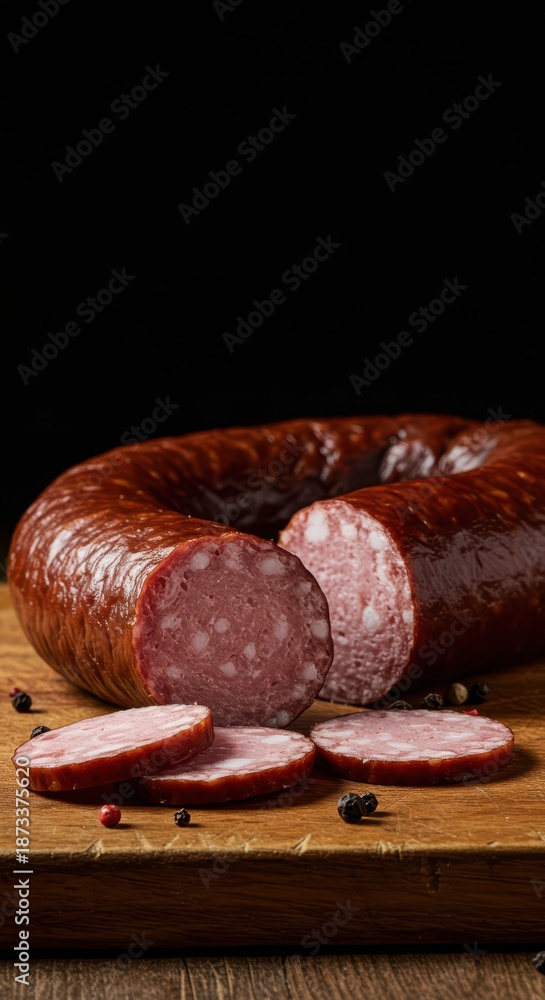 Obraz premium A close-up shot of thick, darkly smoked wurst sausages, resting on a rustic wooden cutting board, ready for slicing and serving as a hearty meal ,meat ,dark ,sausage