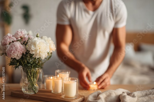 Man preparing a romantic surprise with candles and flowers in a minimalist apartment, warm ambient light, clean composition