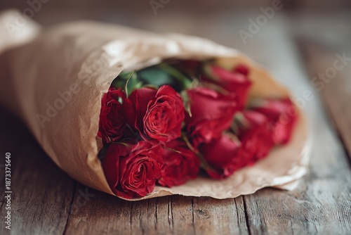 Red roses bouquet wrapped in kraft paper, rustic romantic still life, shallow depth of field