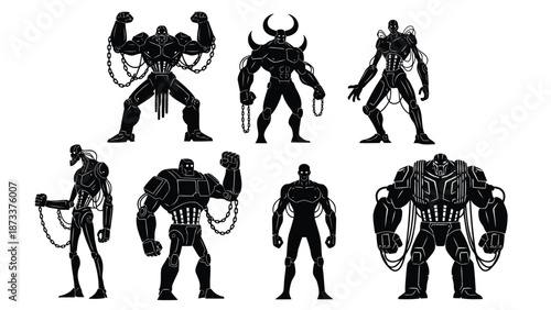 Silhouettes of menacing muscular dark fantasy and science fiction characters