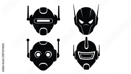 Four distinct robot head silhouettes in a black and white composition