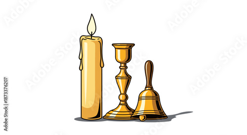 Golden candlestick with burning candle and bell evokes a classic ambiance, perfect for religious ceremony celebration, holiday season events, or vintage style decoration with tradi.