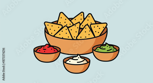 nacho chips in bowl, salsa bowls, mexican food, appetizer, snack, vibrant colors, digital illustration

