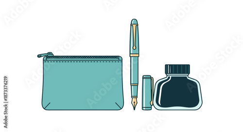 Classic Fountain Pen and Ink Set Illustration on White with Case showcases traditional calligraphy tools for creative writing and artistic design, perfect for education, business,.
