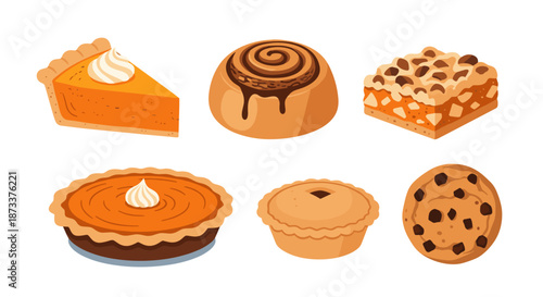Fresh Baked Goods Assortment Depicts Variety of Autumnal Holiday Treats: Pumpkin Pie, Cinnamon Roll, Apple Crisp, and Chocolate Chip Cookie for Baking Celebrations and Festive Dess.
