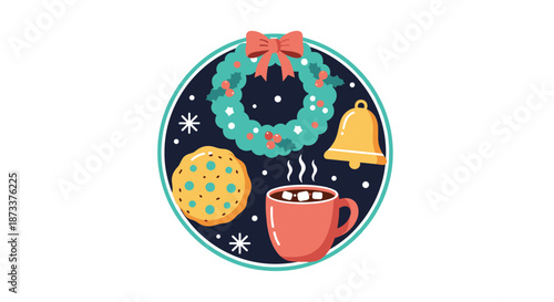 Holiday season treats and decorations bring warmth and joy: A cheerful illustration featuring a festive wreath, a chocolate chip cookie, hot cocoa, and a bell evoke holiday cheer.