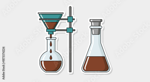 Chemistry Experiment: Brown Liquid Being Filtered into Round Bottom Flask, Followed by Solution Sealed in Erlenmeyer Flask Demonstrating Lab Science, Research, Chemical Analysis.