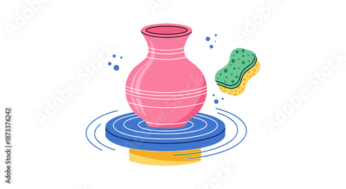 Ceramic pottery artwork being crafted on a rotating wheel, showcasing the creative hobby of shaping clay into artistic vases in a studio environment, perfect for showcasing design,.