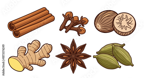 Assortment of Aromatic Spices including Cinnamon, Cloves, Nutmeg, Ginger, Star Anise and Cardamom Used in Baking, Cooking and Herbal Remedies, Offering Warm Flavors and Fragrant Cu.