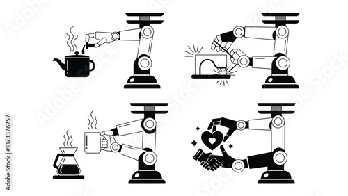 Robotic arms performing various actions with coffee hearts and hands