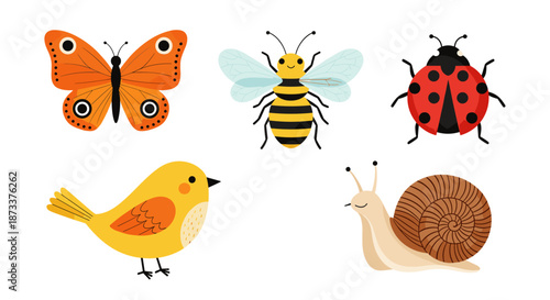 Cheerful cartoon garden bugs and bird illustrations are ideal for children's book illustrations, spring decorations, and educational materials, featuring playful springtime animals.