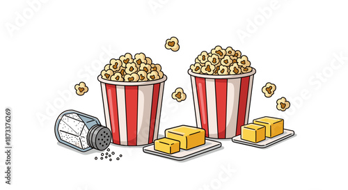 Delicious Movie Night Snacks: Two buckets of popcorn with butter and salt are ready for a cozy evening of entertainment, perfect for leisure, family time, or relaxation with friend.