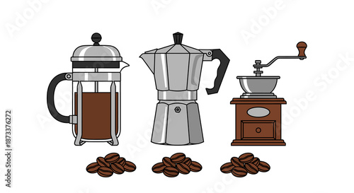 Coffee Brewing Methods Still Life: Fresh roasted beans accompany a French press, moka pot espresso maker, and hand crank grinder for gourmet coffee house drinks and cafe beverages,.