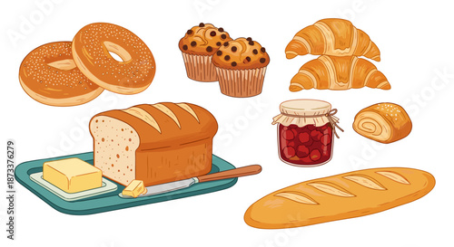 Delicious assorted baked goods: bagels, muffins, croissants, bread, jam and rolls make a great breakfast or brunch spread for bakery advertisements and food-related illustrations,.