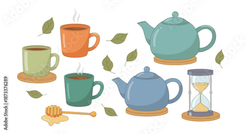Cute tea set cartoon illustration of teapots, cups, honey stick, hourglass and leaves for relax time or teatime designs with beverage preparation, serving, enjoyment in a colorful,.