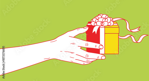 colorful cartoon hand holding popcorn and soda, minimal flat design, vibrant green background, digital illustration
