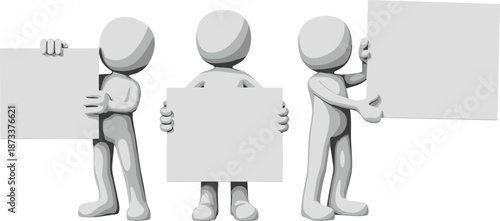 Three faceless 3D humanoid figures holding blank signs, ideal for customizable messages, presentations, advertising, and educational or promotional visual content.