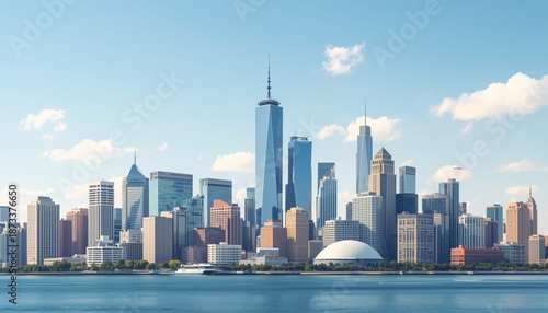 A panoramic view of the New York City skyline with skyscrapers and a clear blue sky