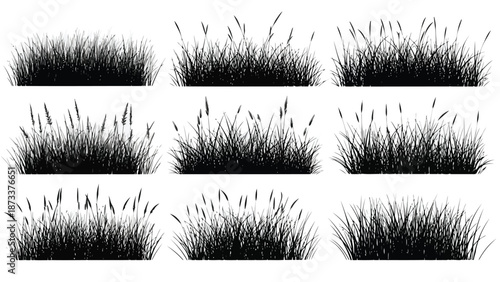 A collection of nine black and white illustrations depicting various grass clumps
