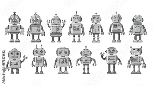 A collection of vintage style gray scale cartoon robots in a horizontal arrangement