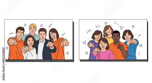 Diverse People Pointing Forward in Group Photos Representing Unity, Inclusion, and Choice in a Modern Style for Business, Marketing, and Social Media Campaigns, Indicating Collabor.