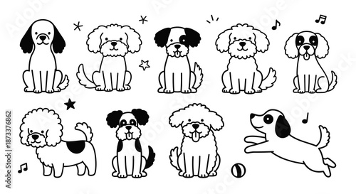 Cute Cartoon Dogs Vector Art Illustration for Kids, Pets, or Animal Lovers: Cheerful puppy characters in playful poses offer delightful, whimsical charm and endearing fun designs.