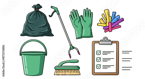 Litter Cleanup Tools for Environmental Volunteering Project: Cleaning supplies ready for outdoor waste recycling and community service, demonstrating responsible habits and ecologi.
