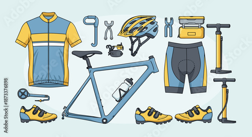 Cycling Gear and Accessories Illustration Showcases Bicycle Frame, Helmet, Jersey, Shorts, Shoes, Water Bottle, Pump and Repair Tools for Bike Maintenance and Active Lifestyle Grap.