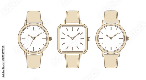 Elegant wrist watches collection showcases classic design with round and square faces for fashionable timekeeping accessories, perfect for presentations or advertising modern elega.