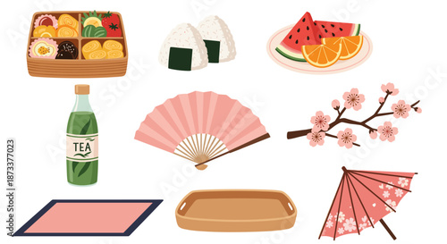 Japanese Culture Illustration Featuring Bento Box, Onigiri, Tea, Fan, and Sakura Blossom Depicting Traditional Customs and Cuisine for Presentations, Design, and Cultural Projects.