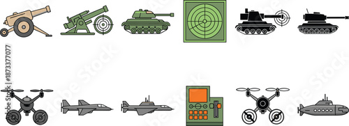 Military Equipment Icon Set with Tanks, Drones, Radar and Defense Weapons Vector