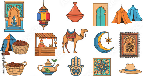 Moroccan Arabic Cultural Icons Set with Lanterns, Camel, Tent and Decorative Elements