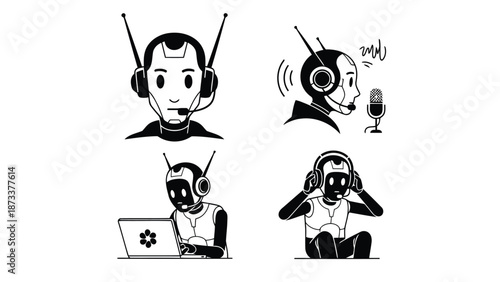 Retro robot characters with headsets microphones and a laptop illustration