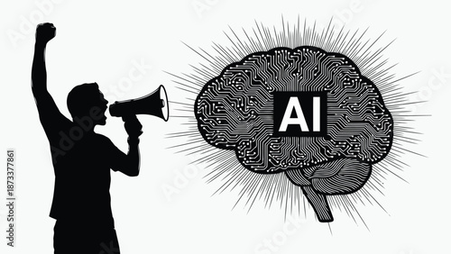A silhouette speaking into a megaphone with an ai brain illustration