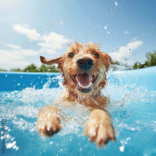 Joyful golden retriever dog splashing in a blue swimming pool, with water droplets flying and a wide happy smile, capturing pure canine happiness, summer fun, and active pets