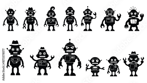 A collection of diverse silhouetted robot characters in a playful arrangement