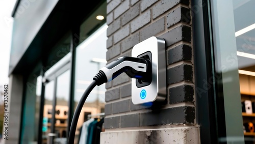 Wallpaper Mural Electric vehicle charging station mounted on brick wall near modern storefront. Torontodigital.ca